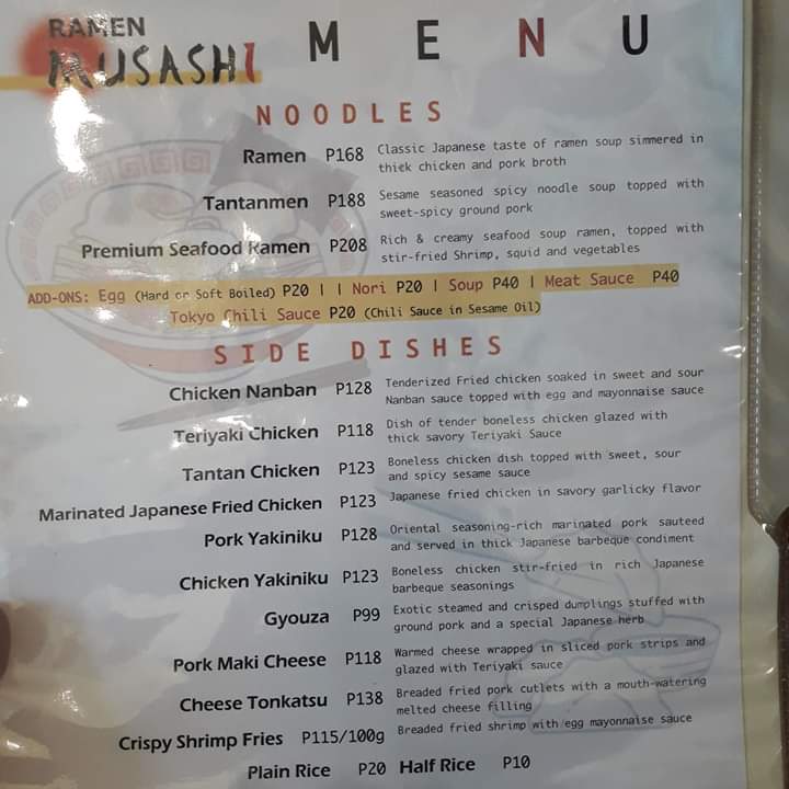 Ramen Musashi menu