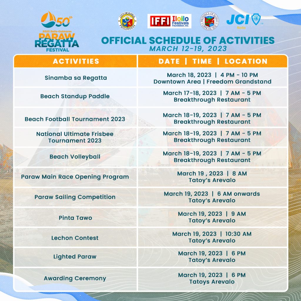 50th Iloilo Paraw Regatta 2023 Schedule of Activities
