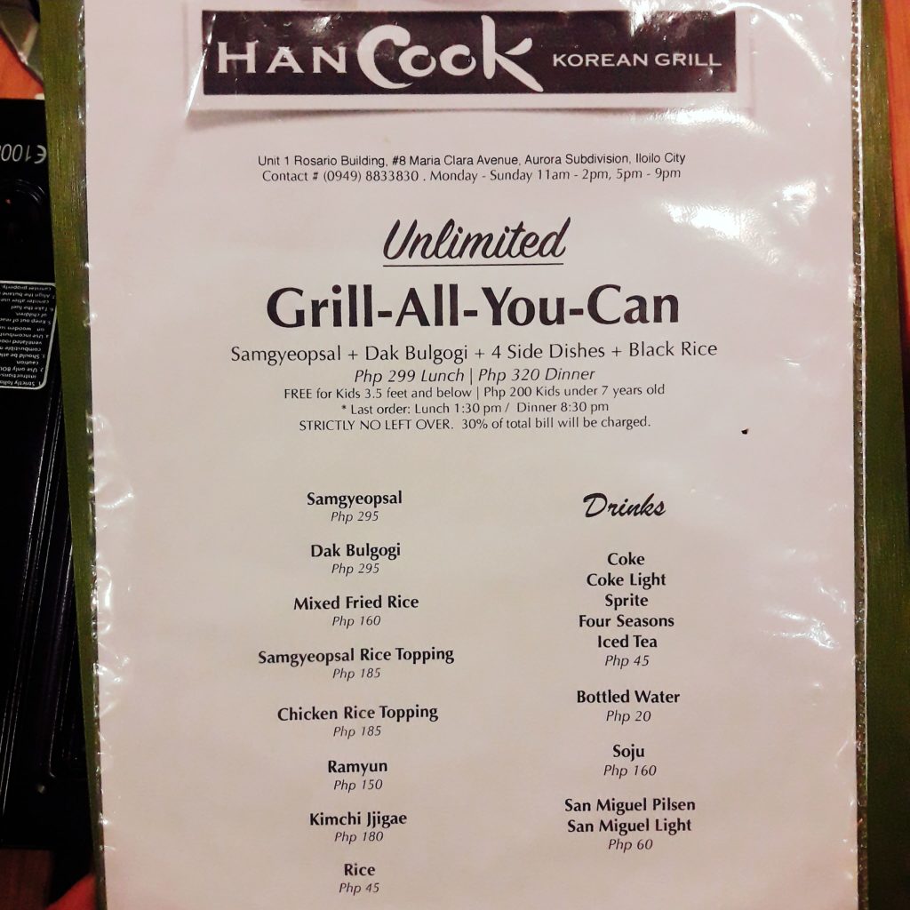 hancook korean grill menu