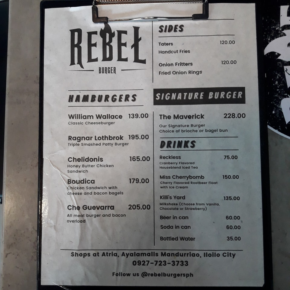 rebel burger menu