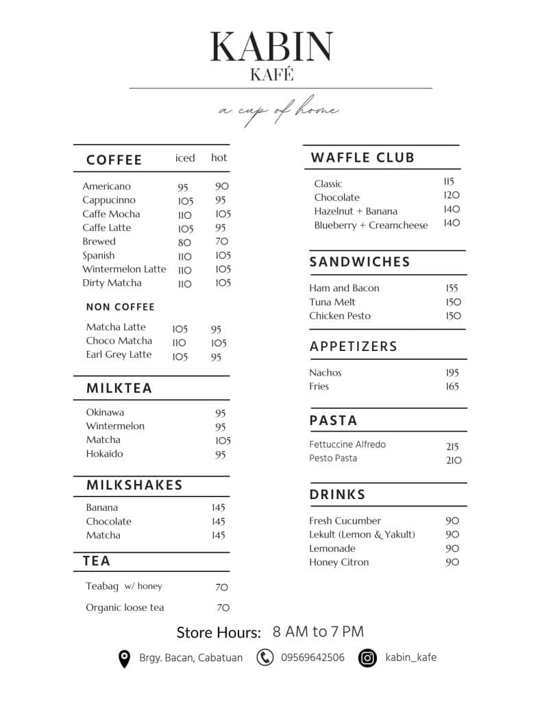 kabin cafe menu