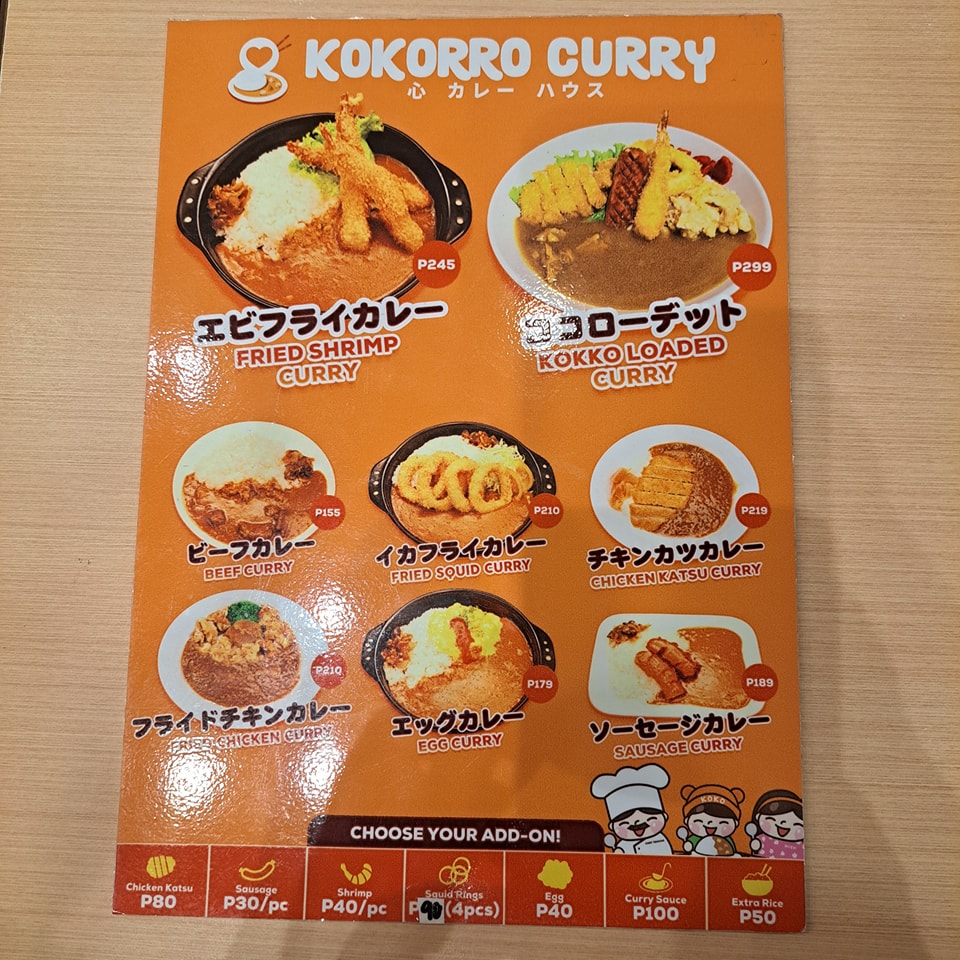 Kokorro Curry menu