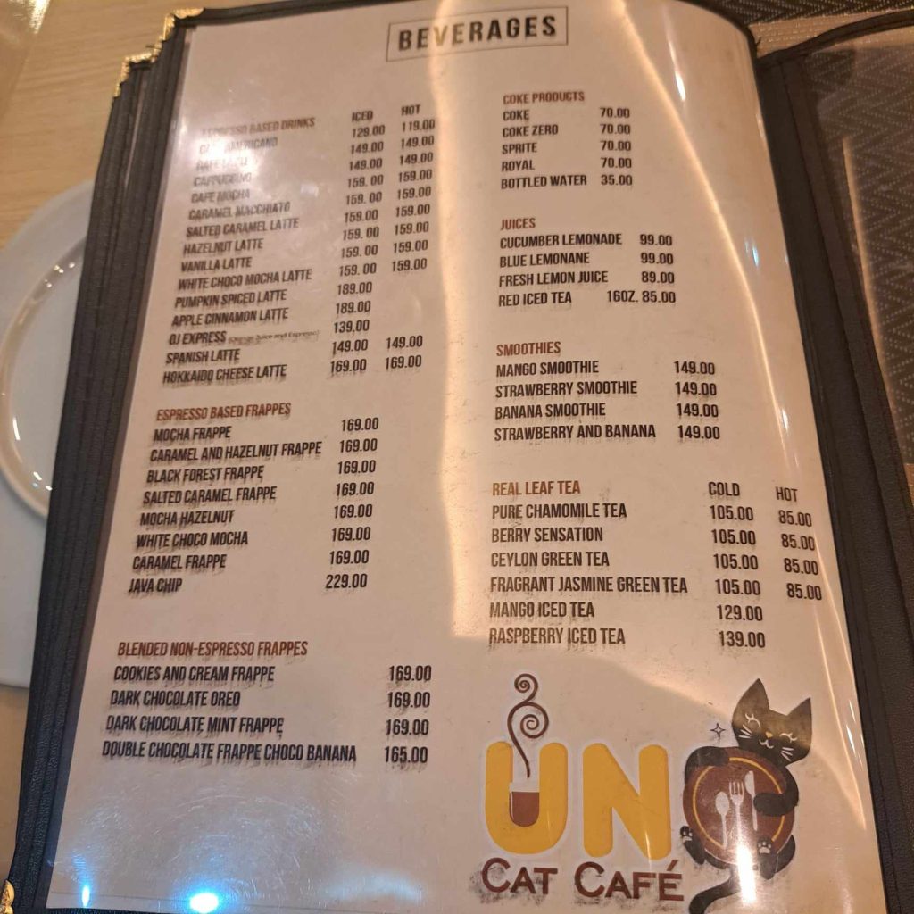 Uno Cat Cafe Menu