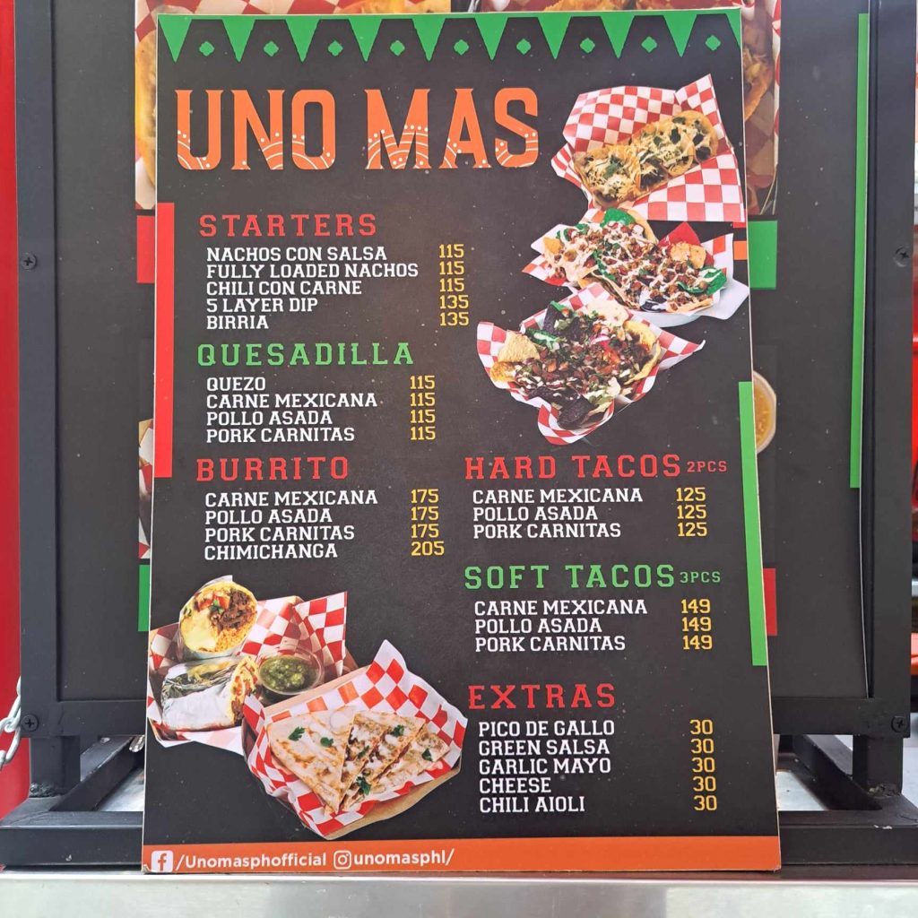 Uno Mas menu