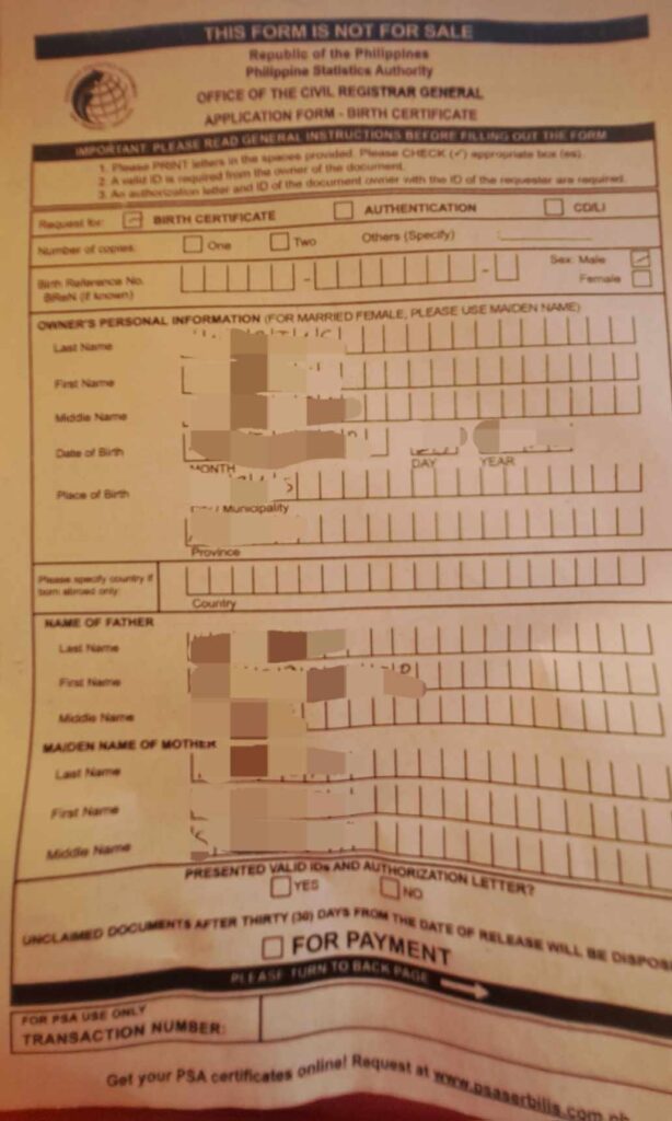 PSA Sample Form Front