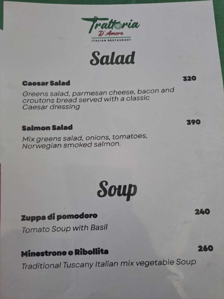 Trattoria D'Amore Menu