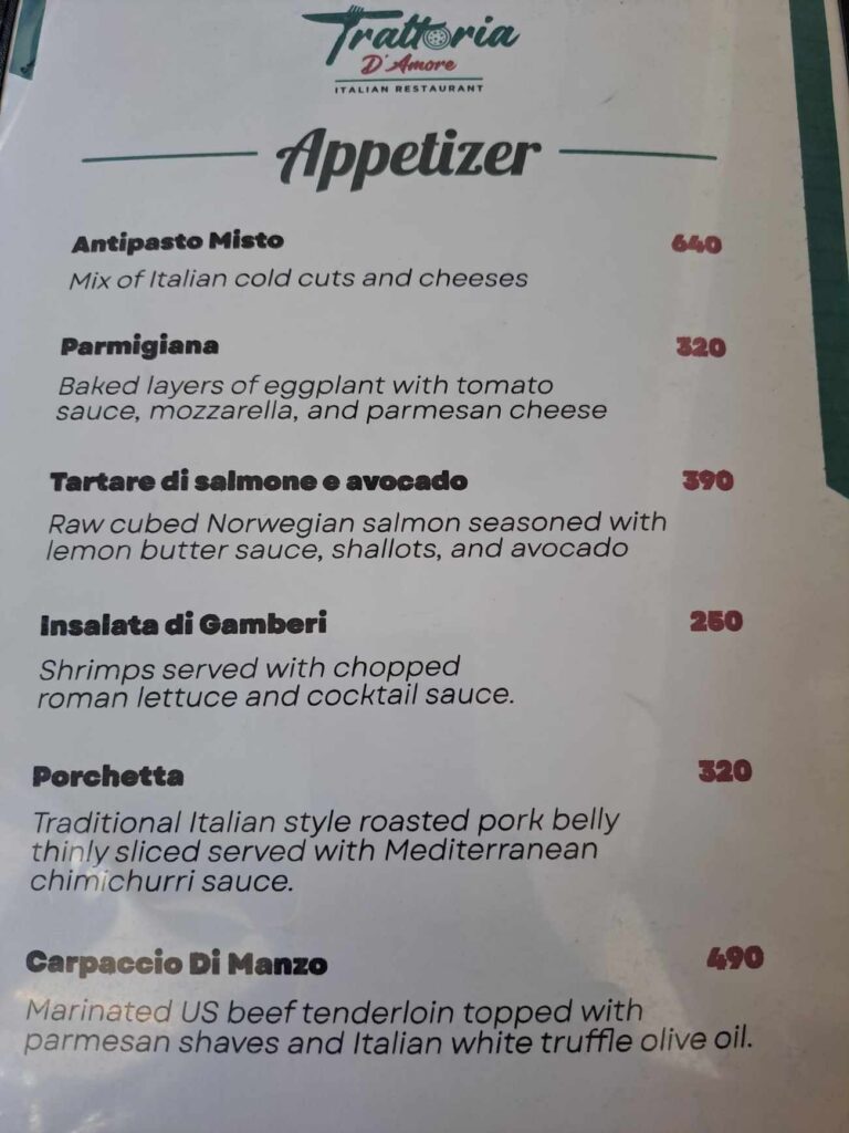 Trattoria D'Amore Menu