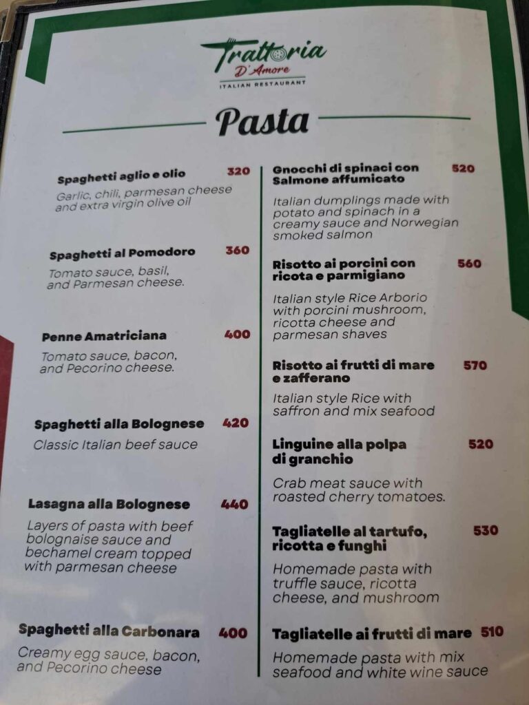 Trattoria D'Amore Menu