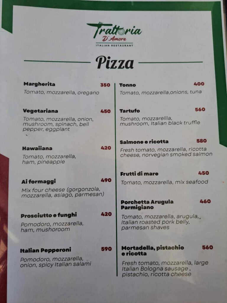 Trattoria D'Amore Menu