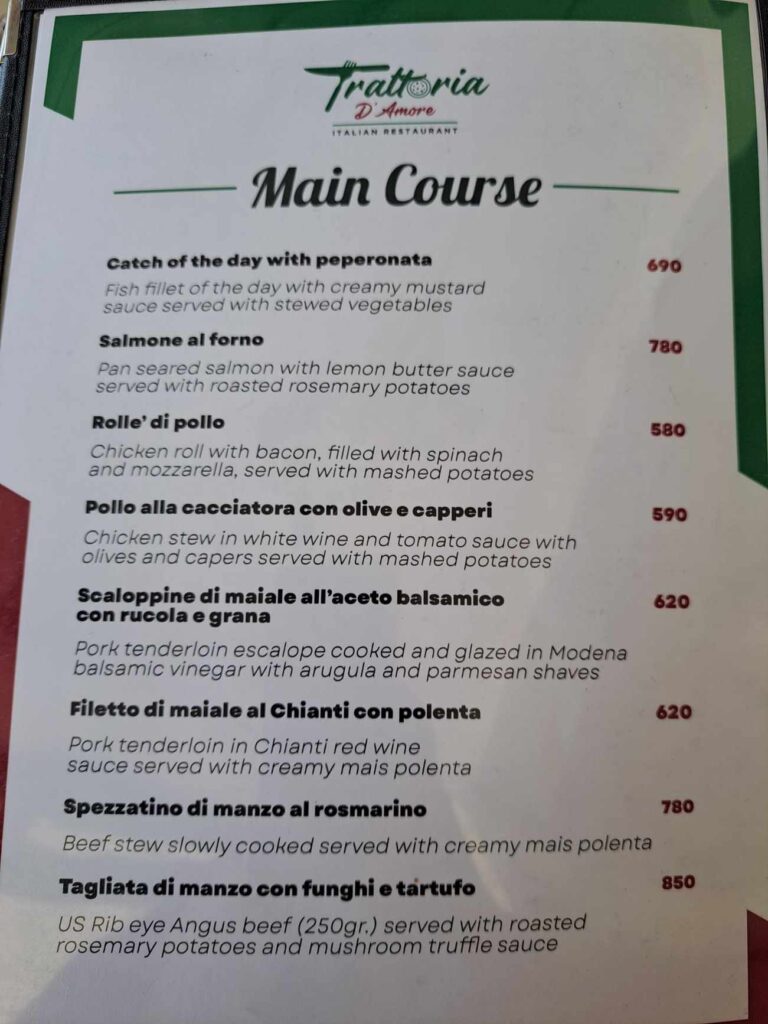 Trattoria D'Amore Menu