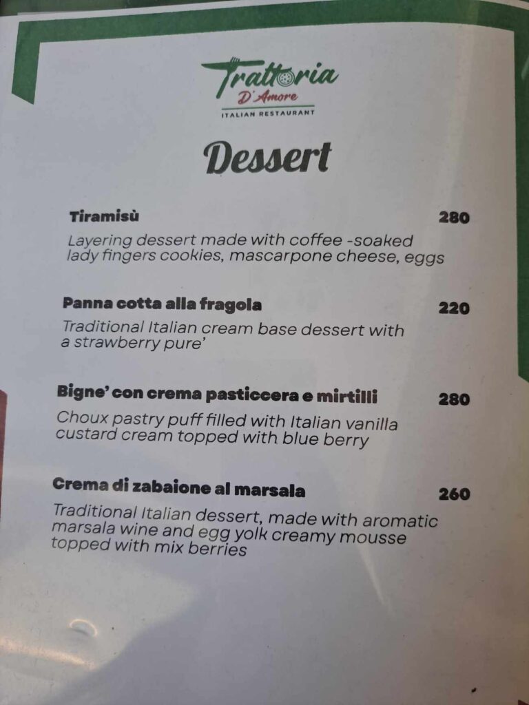 Trattoria D'Amore Menu