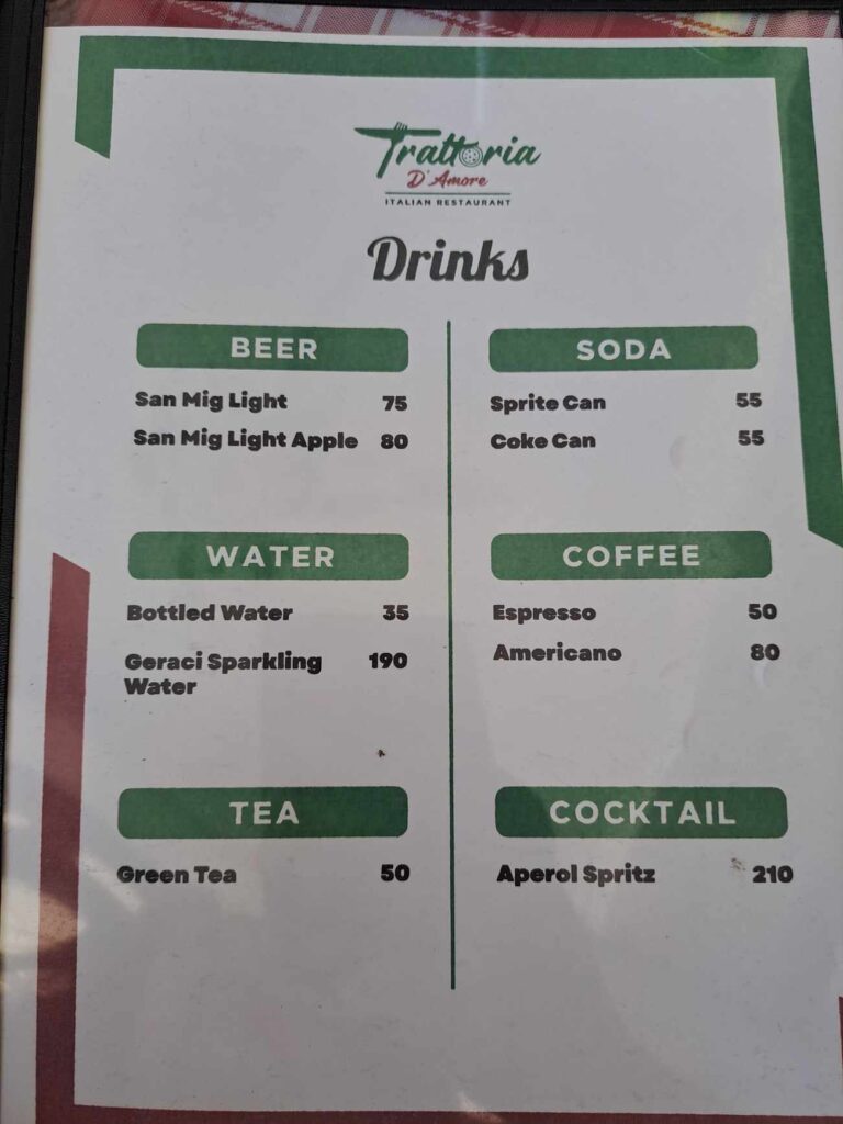 Trattoria D'Amore Menu